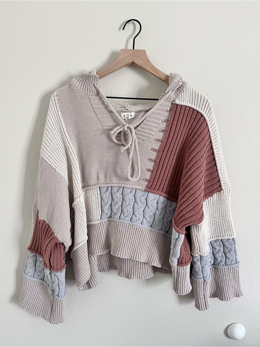 POL Knit Oversized Textured Color Block V-Neck Hoodie Sz M Boho Cottagecore
